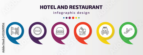 hotel and restaurant infographic template with icons and 6 step or option. hotel and restaurant icons such as bunk, do not disturb, cheese burger, barbershop, rent a car, or vector. can be used for