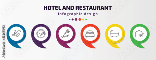 hotel and restaurant infographic template with icons and 6 step or option. hotel and restaurant icons such as or down, vegetarian, valet, beds, bathtub, left-luggage vector. can be used for banner,