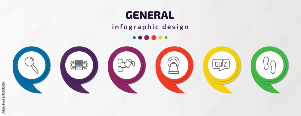 general infographic template with icons and 6 step or option. general icons such as magnifiying glass, smart contract, live paint, mri scanner, quiz, steps vector. can be used for banner, info general infographic template with icons and 6 step or option. general icons such as magnifiying glass, smart contract, live paint, mri scanner, quiz, steps vector. can be used for banner, info