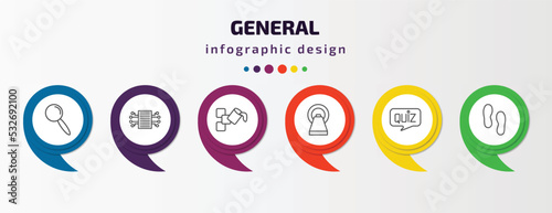 general infographic template with icons and 6 step or option. general icons such as magnifiying glass, smart contract, live paint, mri scanner, quiz, steps vector. can be used for banner, info