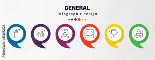 general infographic template with icons and 6 step or option. general icons such as fire estinguisher, marketing strategy, placement, message app, winning, poverty vector. can be used for banner,