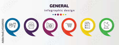 general infographic template with icons and 6 step or option. general icons such as painting work, solarium, prototyping, shopping trolley, marketing plan, satellite antenna vector. can be used for