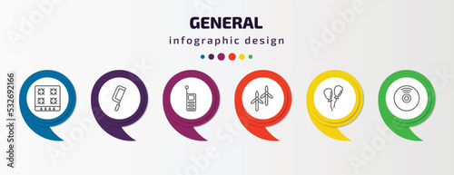 general infographic template with icons and 6 step or option. general icons such as hob, fretsaw, laser measurement, renewable energy label, floating balloons, cd record vector. can be used for