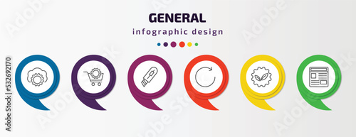general infographic template with icons and 6 step or option. general icons such as saas, procurement, stationery knife, clockwise, go green badge, news feed vector. can be used for banner, info
