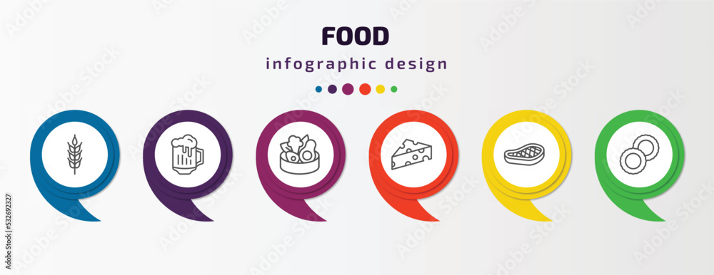 food infographic template with icons and 6 step or option. food icons such as ear of wheat, jar of beer, healthy food, cheese wedge, foods, ring pop vector. can be used for banner, info graph, web, food infographic template with icons and 6 step or option. food icons such as ear of wheat, jar of beer, healthy food, cheese wedge, foods, ring pop vector. can be used for banner, info graph, web,