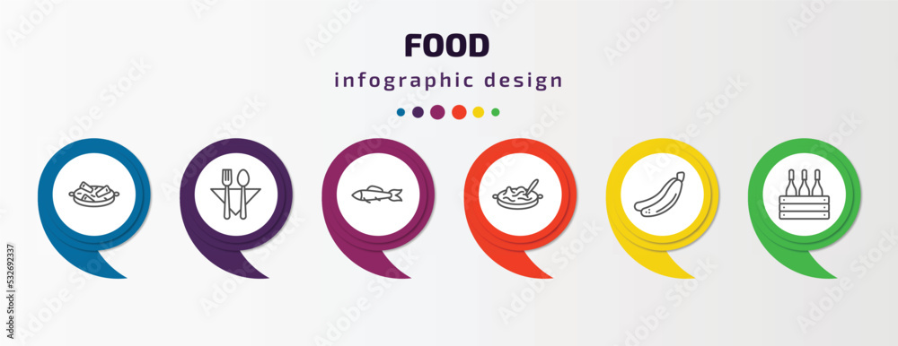 food infographic template with icons and 6 step or option. food icons such as guotie, bistro, sardines, noodle soup, bananas, wine bottles in a box vector. can be used for banner, info graph, web, food infographic template with icons and 6 step or option. food icons such as guotie, bistro, sardines, noodle soup, bananas, wine bottles in a box vector. can be used for banner, info graph, web,