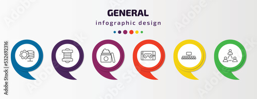 general infographic template with icons and 6 step or option. general icons such as data engineering, filament, beauty care, ar game, classification, business networking vector. can be used for