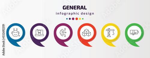 general infographic template with icons and 6 step or option. general icons such as chat bot, ecommerce platform, business intelligence, ar platform, building crane, eco battery vector. can be used