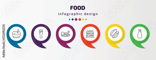 food infographic template with icons and 6 step or option. food icons such as rice bowl, pint, vegetarian food, congratulations, mussel, sake vector. can be used for banner, info graph, web,