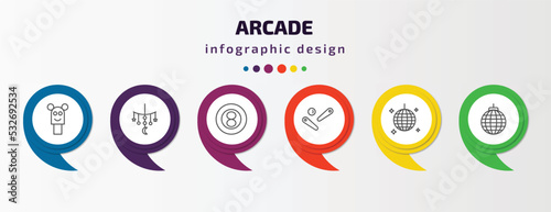 arcade infographic template with icons and 6 step or option. arcade icons such as puppet show, childhood, eight ball, pinball, nightclub, disco vector. can be used for banner, info graph, web,