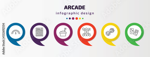 arcade infographic template with icons and 6 step or option. arcade icons such as speedometer, bingo, sandbox, tic tac toe, dices, domino vector. can be used for banner, info graph, web,