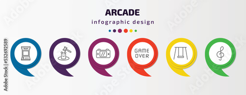 arcade infographic template with icons and 6 step or option. arcade icons such as arcade game, whack a mole, handheld game, game over, swing, g clef vector. can be used for banner, info graph, web,