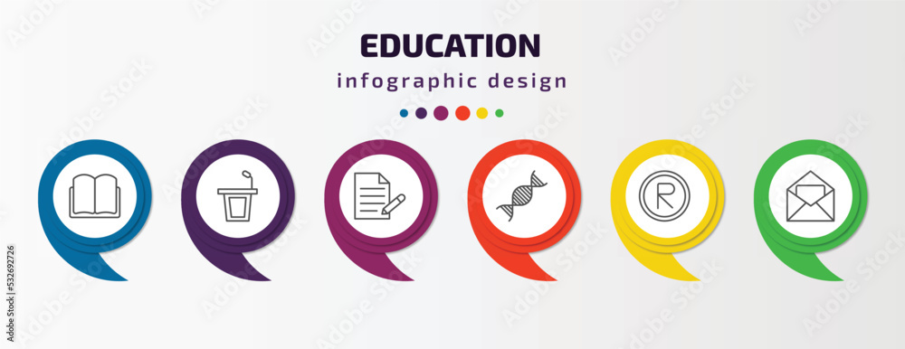 education infographic template with icons and 6 step or option. education icons such as open book black cover, lectern, as, dna, registered, invitation vector. can be used for banner, info graph, education infographic template with icons and 6 step or option. education icons such as open book black cover, lectern, as, dna, registered, invitation vector. can be used for banner, info graph,