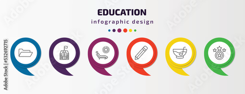 education infographic template with icons and 6 step or option. education icons such as folder, school, leisure, pen, punch bowl, proud vector. can be used for banner, info graph, web,