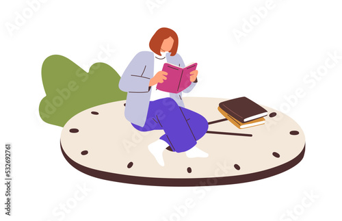 Person reader with books, studying, preparing for exam. Speed reading, education, knowledge concept. Woman with fiction literature at leisure. Flat vector illustration isolated on white background