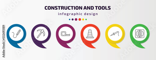 construction and tools infographic template with icons and 6 step or option. construction and tools icons such as drawing, pick axe, open scale, road construction, iron soldering, drain vector. can
