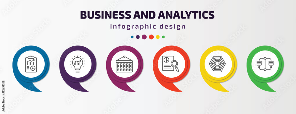 business and analytics infographic template with icons and 6 step or option. business and analytics icons such as business plan, solution, monthly wall calendar, investigate, radar chart, connected business and analytics infographic template with icons and 6 step or option. business and analytics icons such as business plan, solution, monthly wall calendar, investigate, radar chart, connected