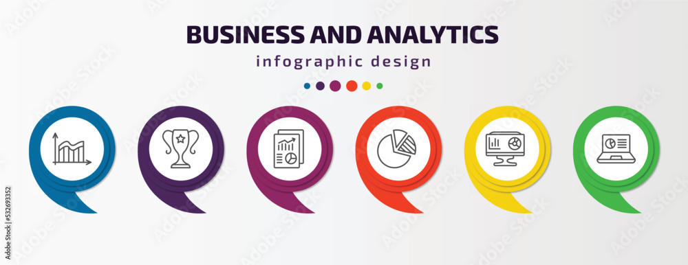 business and analytics infographic template with icons and 6 step or option. business and analytics icons such as data wave, achievement, print document, pie chart diagram, analytics monitor, laptop business and analytics infographic template with icons and 6 step or option. business and analytics icons such as data wave, achievement, print document, pie chart diagram, analytics monitor, laptop