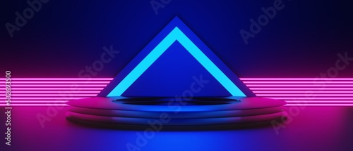 abstract backgound video game of esports scifi gaming cyberpunk, vr virtual reality simulation and metaverse, scene stand pedestal stage, 3d illustration rendering, futuristic neon glow room © issaronow