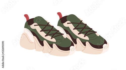 Fashion sneakers, sport shoes. Laced footwear design. Pair of modern chunky t...