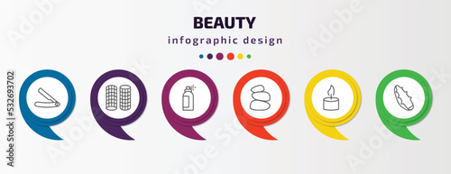 beauty infographic template with icons and 6 step or option. beauty icons such as straight razor, curler, hair spray, three stones, one candle, aloe vera vector. can be used for banner, info graph,