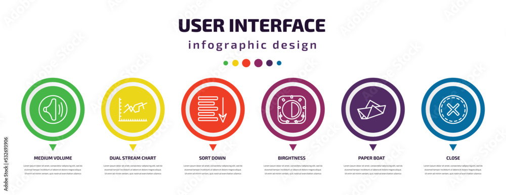 user interface infographic element with icons and 6 step or option. user interface icons such as medium volume, dual stream chart, sort down, birghtness, paper boat, close vector. can be used for user interface infographic element with icons and 6 step or option. user interface icons such as medium volume, dual stream chart, sort down, birghtness, paper boat, close vector. can be used for