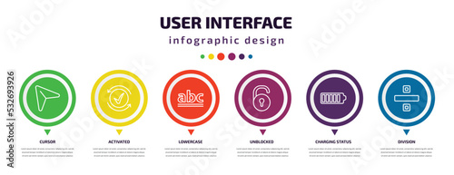 user interface infographic element with icons and 6 step or option. user interface icons such as cursor, activated, lowercase, unblocked, charging status, division vector. can be used for banner,