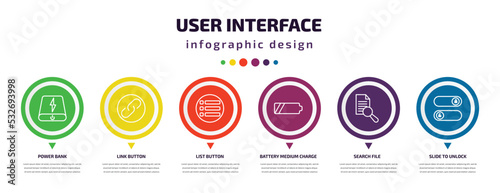 user interface infographic element with icons and 6 step or option. user interface icons such as power bank, link button, list button, battery medium charge, search file, slide to unlock vector. can photo