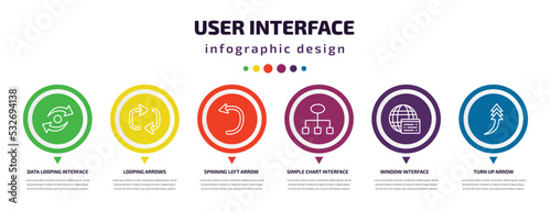 user interface infographic element with icons and 6 step or option. user interface icons such as data looping interface, looping arrows, spinning left arrow, simple chart window turn up arrow