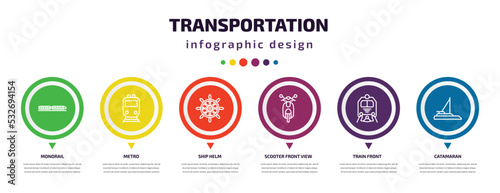 transportation infographic element with icons and 6 step or option. transportation icons such as monorail, metro, ship helm, scooter front view, train front, catamaran vector. can be used for