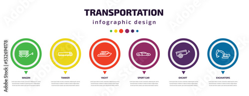 transportation infographic element with icons and 6 step or option. transportation icons such as wagon, tanker, yacht, sport car, oxcart, excavators vector. can be used for banner, info graph, web,