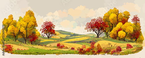 autumn landscape, mountains, hills, yellow, red trees and white, blue sky, banner