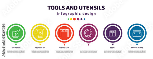 tools and utensils infographic element with icons and 6 step or option. tools and utensils icons such as edit picture, recycling bin, clothes rack,  , doors, tray for papers vector. can be used for