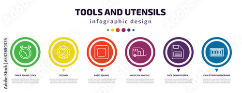 tools and utensils infographic element with icons and 6 step or option. tools and utensils icons such as timer round clock, second, basic square, house on wheels, face down floppy disk, film strip