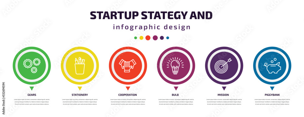 startup stategy and infographic element with icons and 6 step or option. startup stategy and icons such as gears, stationery, cooperation, bulb, mission, piggybank vector. can be used for banner, startup stategy and infographic element with icons and 6 step or option. startup stategy and icons such as gears, stationery, cooperation, bulb, mission, piggybank vector. can be used for banner,