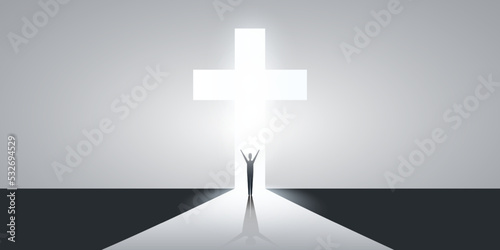 Christian Cross Symbol with Standing Man-Sign of Crucifix, Easter, Purity, Faith, Baptism, Holy Spirit,Evangelization and Resurrection on Gray Background with Bright Light,Design for Various Use Cases