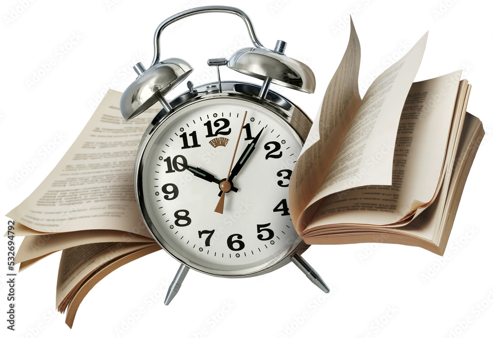 Old alarm clock flying with page wings, time flies fast concept Stock