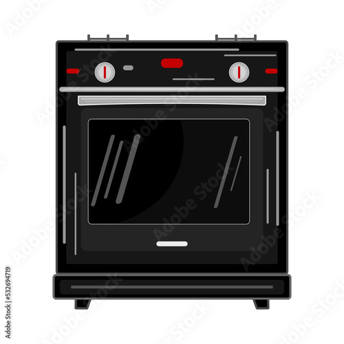 Kitchen stove isolated on white background. Black gas cooker stove with oven. Household equipment for preparing food, cooking. Cook appliance front view. Stock vector illustration