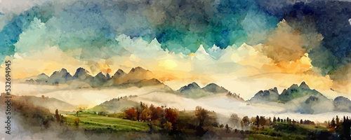Fototapeta Naklejka Na Ścianę i Meble -  watercolor art background with mountains and hills