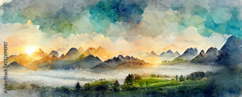 watercolor art background with mountains and hills
