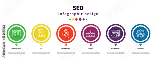 seo infographic element with icons and 6 step or option. seo icons such as landing page, css, broken link, login, bug report, cogwheel vector. can be used for banner, info graph, web, presentations.