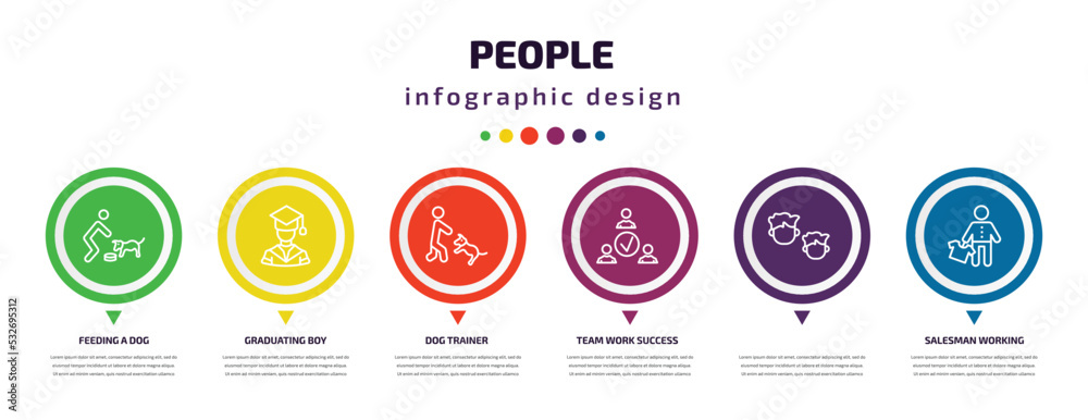 people infographic element with icons and 6 step or option. people icons such as feeding a dog, graduating boy, dog trainer, team work success,  , salesman working vector. can be used for banner,