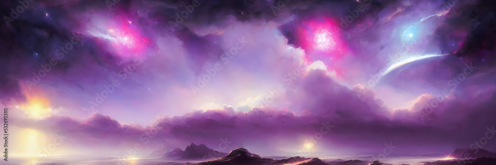 Space background with stardust and shining stars. Fantasy colorful cosmos. Alien planets. Banner size Space background with stardust and shining stars. Fantasy colorful cosmos. Alien planets. Banner size