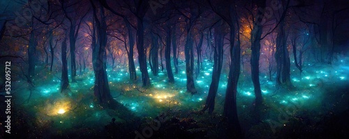 Magical  forest landscape with glowing lights in the darkness, purple, blue and dark brown background, Generative AI