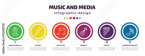 music and media infographic element with icons and 6 step or option. music and media icons such as webcam video call, clarinet, eighth note, mandolin, panpipe, hemidemisemiquaver vector. can be used