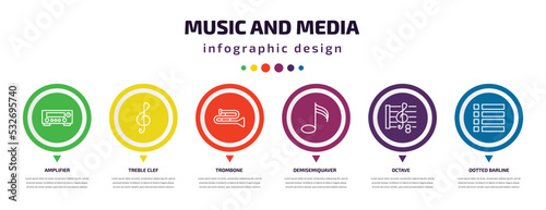 music and media infographic element with icons and 6 step or option. music and media icons such as amplifier, treble clef, trombone, demisemiquaver, octave, dotted barline vector. can be used for