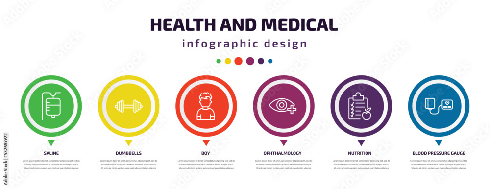 health and medical infographic element with icons and 6 step or option. health and medical icons such as saline, dumbbells, boy, ophthalmology, nutrition, blood pressure gauge vector. can be used health and medical infographic element with icons and 6 step or option. health and medical icons such as saline, dumbbells, boy, ophthalmology, nutrition, blood pressure gauge vector. can be used