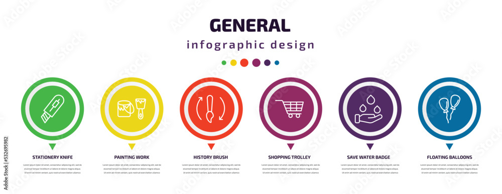 general infographic element with icons and 6 step or option. general icons such as stationery knife, painting work, history brush, shopping trolley, save water badge, floating balloons vector. can