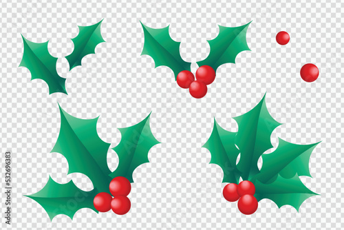 3D Isolated Holly Berries Set for Christmas and New Year Card or Banner Designs. Happy New Year and Merry Christmas Realistic Design Elements