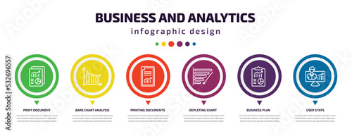 business and analytics infographic element with icons and 6 step or option. business and analytics icons such as print document, bars chart analysis, printing documents, depleting chart, business